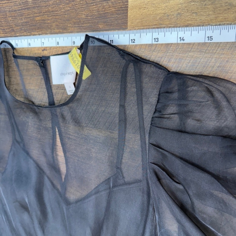 Cinq a Sept Dress Black Organza Sheer Puff Sleeve Party Cocktail Mini Bow Sz 2 - Picture 4 of 12